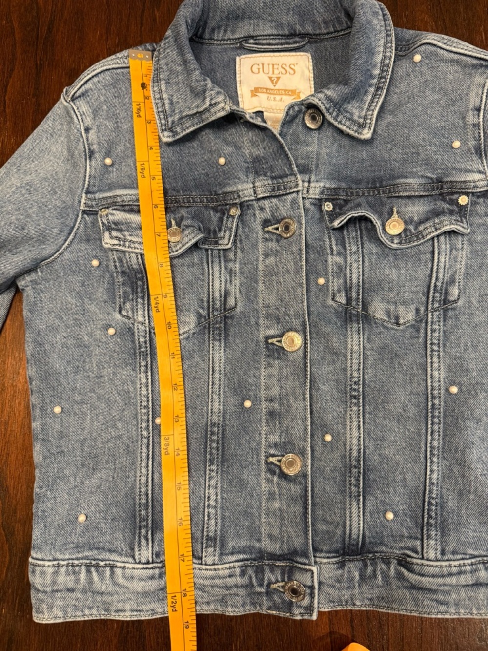 Vintage GUESS Pearl Denim Jacket. Y2K Light Wash Embellished Cropped Jean Coat S - Picture 15 of 16